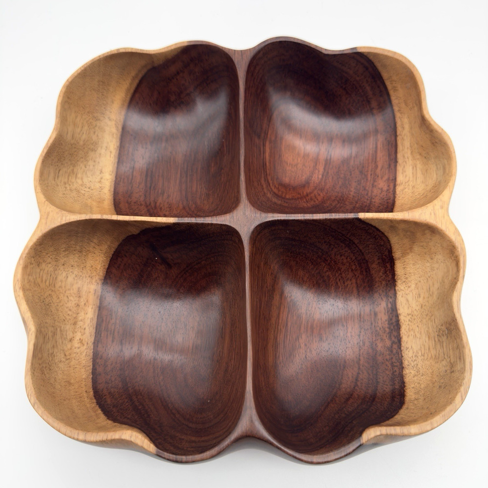 Vintage Wood Bowl Tray Divided Mid Century MCM Tiki